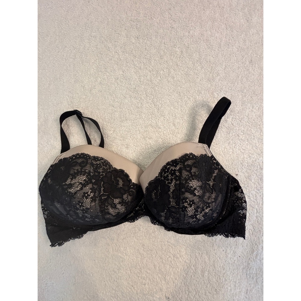Victorias‎ Secret Black Lace Beige Padded Push Up Bra 32D Floral Lingerie